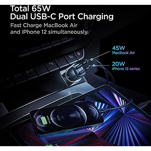 Spigen Car Charger Adapter Pc2000 Max 65W (45W+20W)[Pd3.0][Led Indicator] Quick And Fast Charging - Black