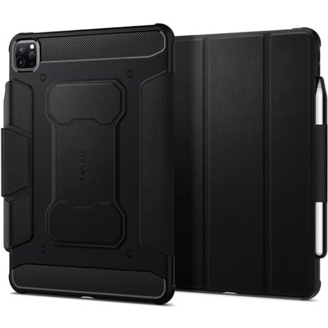 Spigen Rugged Armor Pro For Ipad Pro 12.9Inch M2 6Th Gen(2022) Case / M1 5Th Gen(2021) Full Cover Folio Case With Built In Pencil Holder, Trifold Stand, Auto Sleep/Wake - Black