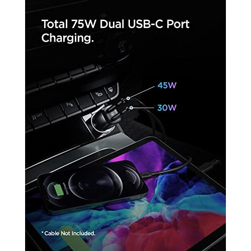 Spigen Car Charger Adapter Pc2200 Max 75W (45W+30W)[Fast Charging 3.0][Pps 25W][Pd30W] Quick And Fast Charging - Black