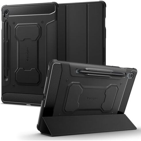 Spigen Rugged Armor Pro For Galaxy Tab S9 Fe 11Inch Full Cover Folio Case With Built In S Pen Holder, Trifold Stand - Black