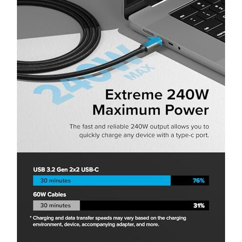 Ringke Usb 3.2 Gen 2X2 Usb-C Compatible With Type-C Interfaces 20Gbps Data Transfer Speed Fast Charging Cable - 2M (Black)