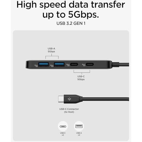 Spigen 4-In-1 Usb Hub 3.2 Gen1 5Gbps And 2 Usb-A With 5Gbps, 2 Usb-C With 5Gbps Lightweight Portable Hub - Black