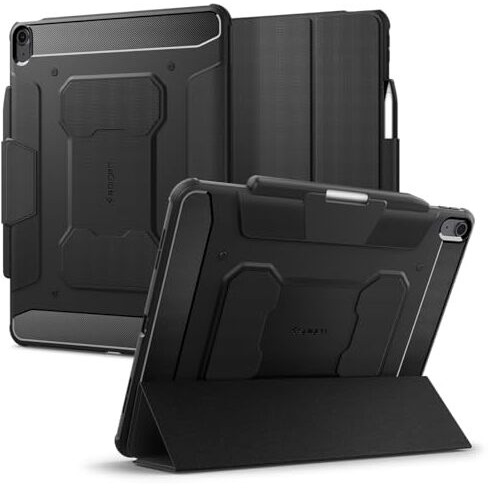 Spigen Rugged Armor Pro For Ipad Air 13 Inch M3 (2025) / M2 (2024) Full Cover Folio Case With Built In Pencil Holder, Auto Sleep/Wake, Trifold Stand - Black