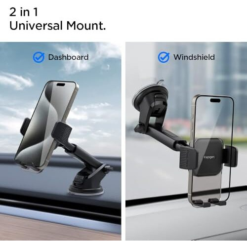 Spigen Dashboard & Windshield Car Mobile Holder [Strong Suction Cup][360 Rotational][Stable Hold] Compatible With Most Smartphone Devices - Black