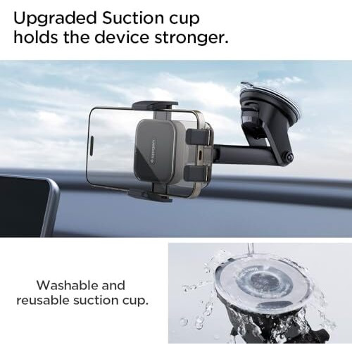 Spigen Dashboard & Windshield Car Mobile Holder [Strong Suction Cup][360 Rotational][Stable Hold] Compatible With Most Smartphone Devices - Black