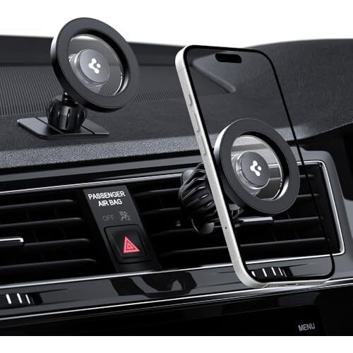 Spigen Magnetic Air Vent Car Mobile Holder [Super Strong Magnet] [Magsafe Ring Included][Extra Mini Dashboard Mount] For Iphone 16/15/14/13/12, Samsung Galaxy Series And More - Black
