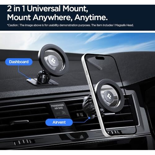 Spigen Magnetic Air Vent Car Mobile Holder [Super Strong Magnet] [Magsafe Ring Included][Extra Mini Dashboard Mount] For Iphone 16/15/14/13/12, Samsung Galaxy Series And More - Black