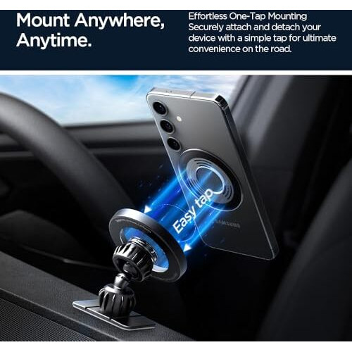 Spigen Magnetic Air Vent Car Mobile Holder [Super Strong Magnet] [Magsafe Ring Included][Extra Mini Dashboard Mount] For Iphone 16/15/14/13/12, Samsung Galaxy Series And More - Black