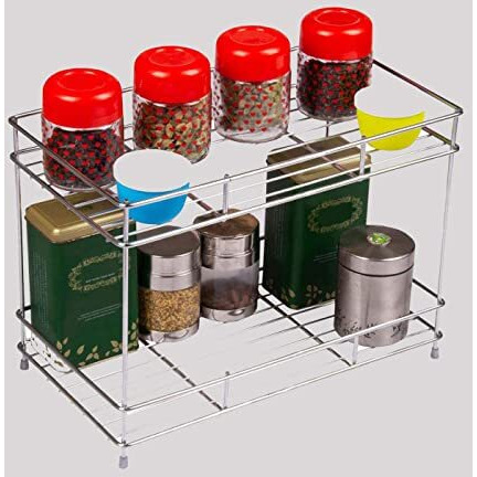 Cr18 Collection Big Size Stainless Steel 2 Layer Countertop Spice Rack | Modular Storage Organizer | Multipurpose Shelf, Silver, Step Shelf