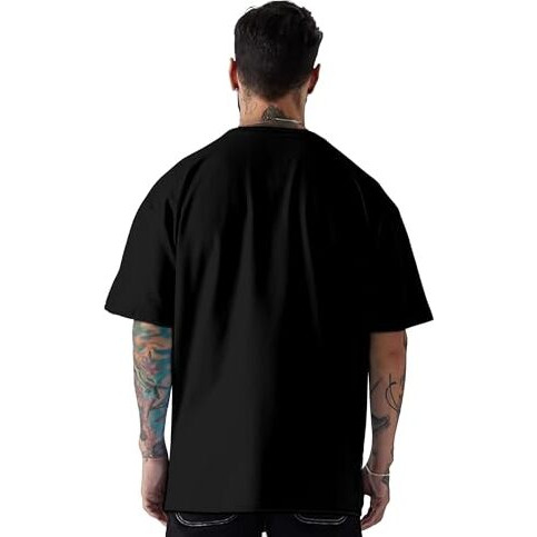 Men's 100% Pure Cotton Relaxed Fit Drop Shoulder Premium Front & Back Printed Black Oversized T-Shirt For Summer - 2Xl