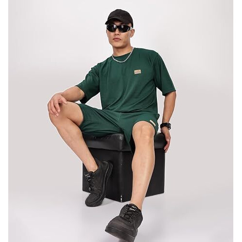 Shodox Men's Round Neck Solid Relaxed Fit Tshirt And Short Co-Ords Set For Mens (Pack Of 1) Bottle Green