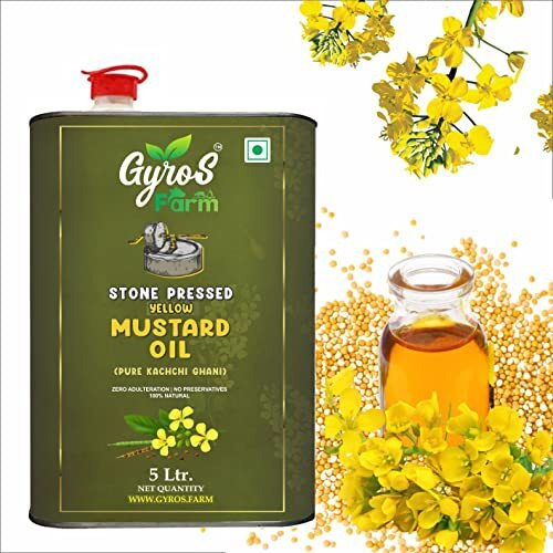 Gyros Farm 5 Litre Organic Wooden/Stone Cold Pressed Yellow Mustard Oil/Peeli Sarso Tel For Cooking - 5 Litre Tin