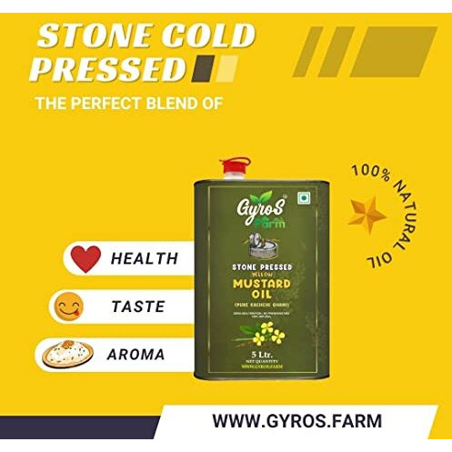 Gyros Farm 5 Litre Organic Wooden/Stone Cold Pressed Yellow Mustard Oil/Peeli Sarso Tel For Cooking - 5 Litre Tin