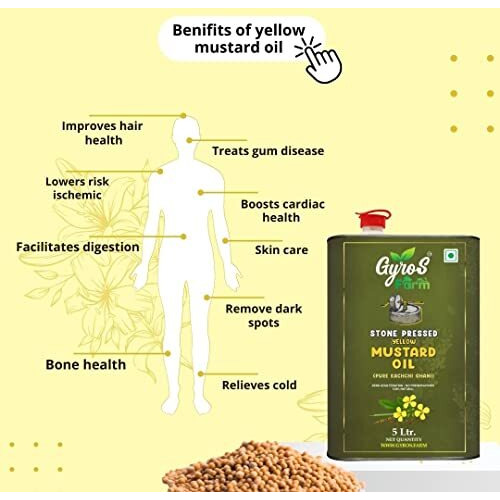 Gyros Farm 5 Litre Organic Wooden/Stone Cold Pressed Yellow Mustard Oil/Peeli Sarso Tel For Cooking - 5 Litre Tin