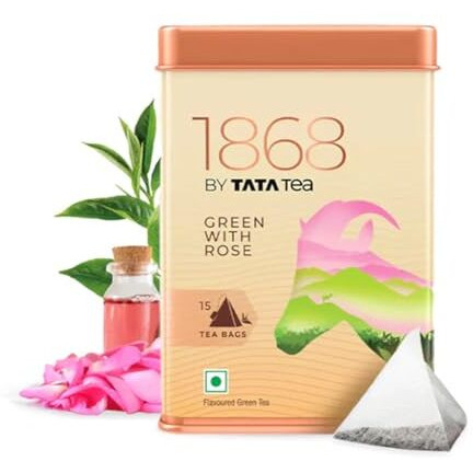 1868 By Tata Tea Green With Rose Tea Bags, Green Tea Leaves And Rose Petals, Green Tea Rich In Antioxidants, 15 Tea Bags
