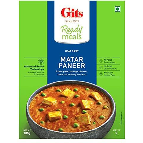 Gits Ready To Eat Matar Paneer, Pure Veg, Heat And Eat, Microwaveable 1140G (Pack Of 4 X 285G Each)