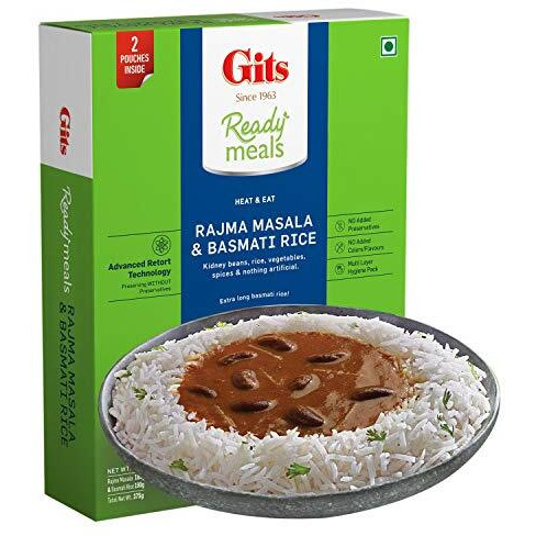 Gits Ready To Eat Basmati Rice + Rajma Masala Combo Indian Meal, Pure Veg, Heat And Eat, 1125G (Pack Of 3 X 375G Each)