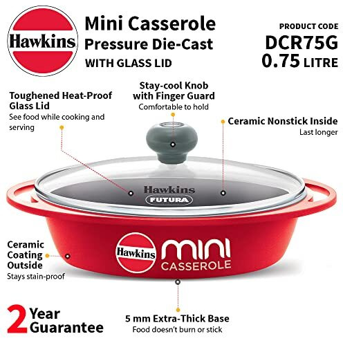 Hawkins 0.75 Litre Mini Casserole With Glass Lid, Oval Shaped Die-Cast Pan For Cooking, Reheating, Serving And Storing, Red (Dcr75G)