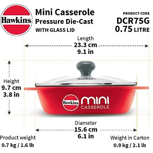 Hawkins 0.75 Litre Mini Casserole With Glass Lid, Oval Shaped Die-Cast Pan For Cooking, Reheating, Serving And Storing, Red (Dcr75G)
