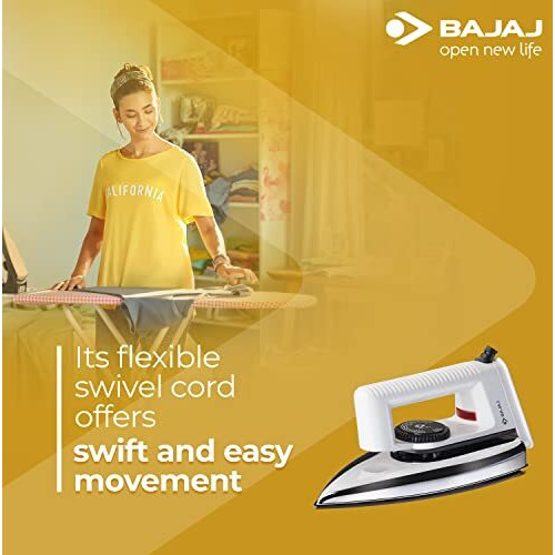 Bajaj Popular Light Weight 1000W Dry Iron | Advance Soleplate And Anti-Bacterial German Coating Technology | 360 Degree Swivel Cord | Cool Touch Handle | 2-Yrs Warranty White