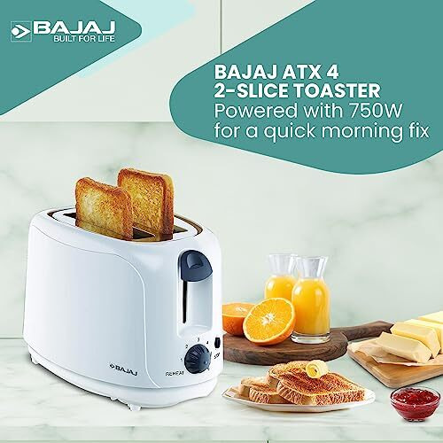 Bajaj Atx 4 750 Watts 2-Slice Pop-Up Toaster | Dust Cover & Slide Out Crumb Tray | 6-Level Browning Controls | Mid-Cycle Cancel Feature | 2-Yr Warranty | 750 Watts | Electric Toaster White