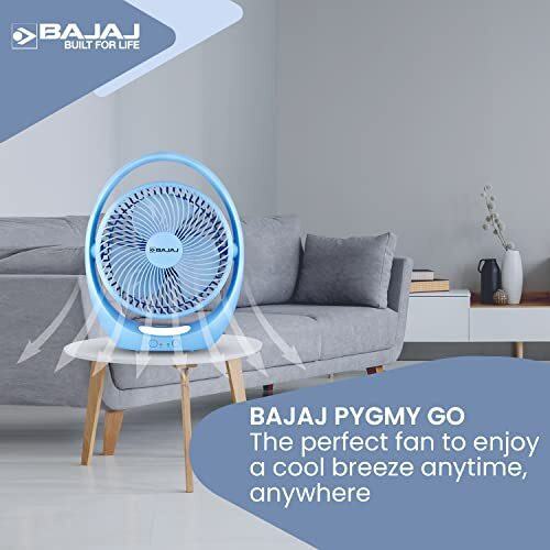 Bajaj Pygmy Go 178Mm Mini Fan With Led Lighting | Rechargeable | Usb Charging | 4-Hours Battery Backup | 3 Speed | 2-Light Brightness Setting | High Speed | Portableblue
