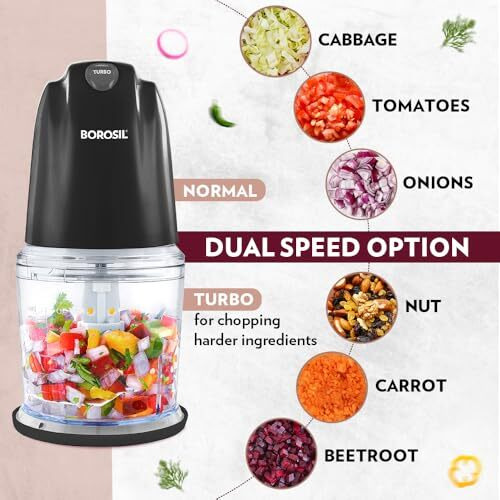 Borosil Chef Delite 260 Watts Electric Chopper For Kitchen, Twin Blade Technology, 600 Ml 'Chop-N-Store' Plastic Bowl With Lid, Vegetable Chopper, Cutter, Chop, Mince, Dice, Whisk, Blend, Black