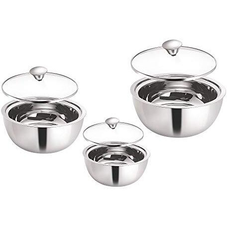 Borosil Stainless Steel Curry Server (Silver, 500Ml, 900Ml, 1.5L) - 3 Pc Set