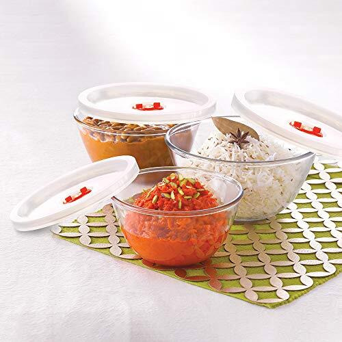 Borosil Basic Glass Mixing & Serving Bowls With Lids, Microwave Safe Bowls, Set Of 3 (500 Ml, 900 Ml, 1.3 L), Borosilicate Glass, Transparent ,Solid