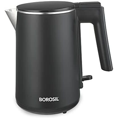 Borosil Cooltouch Electric Kettle, Stainless Steel Inner Body, Boil Water For Tea, Coffee, Soup, 1 L, Silver