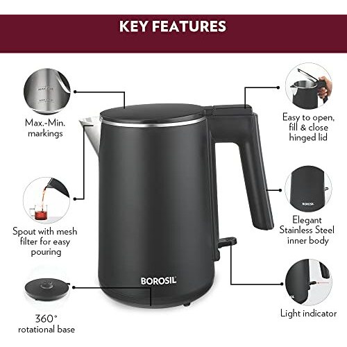 Borosil Cooltouch Electric Kettle, Stainless Steel Inner Body, Boil Water For Tea, Coffee, Soup, 1 L, Silver