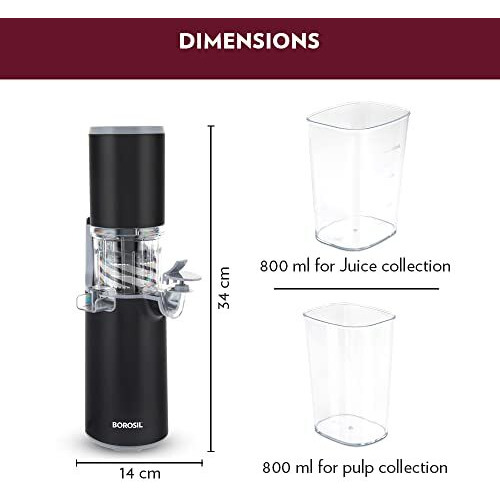 Borosil 130W Easy Cold Press Slow Juicer | Compact Design Portable Less Oxidation, Anti Drip Outlet Lid | Fruit & Vegetable Juicer | 1 Year Warranty