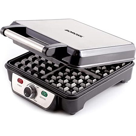 Borosil Jumbo Waffle Maker With Cool-Touch Handle And Power Indicators  Make 4 Jumbo Bread Slices At Once With Non-Stick Grilling Plates, 1100W Power (Black)