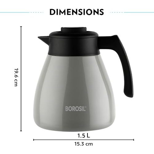 Borosil Stainless Steel Teapot Birch | 1500Ml Teapot With Handle | Double Wall Vacuum Insulated Thermosteel Carafe | Bpa Free Jug For Tea/Coffee & Juice | 24 Hours Hot & Cold | 1 Year Warranty, Grey
