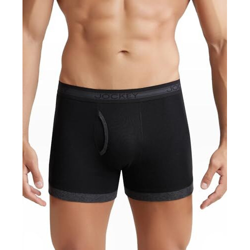 Jockey Men's Super Combed Cotton Rib Solid Boxer Brief With Stay Fresh Properties_Style_1017_Black & Black Melange_M