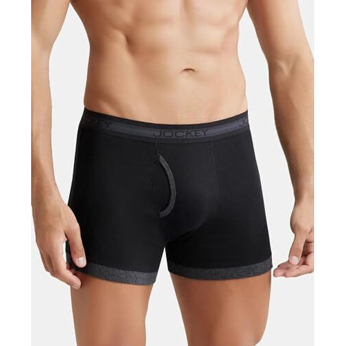 Jockey Men's Super Combed Cotton Rib Solid Boxer Brief With Stay Fresh Properties_Style_1017_Black & Black Melange_M