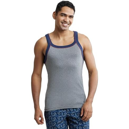 Jockey Us54 Men's Super Combed Cotton Rib Square Neckline Gym Vest With Back Panel Graphic Print (Colors & Shoulder Strap Color May Vary)_Grey Melange & Ink Blue_L