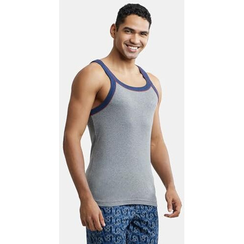 Jockey Us54 Men's Super Combed Cotton Rib Square Neckline Gym Vest With Back Panel Graphic Print (Colors & Shoulder Strap Color May Vary)_Grey Melange & Ink Blue_L