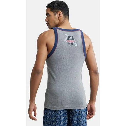 Jockey Us54 Men's Super Combed Cotton Rib Square Neckline Gym Vest With Back Panel Graphic Print (Colors & Shoulder Strap Color May Vary)_Grey Melange & Ink Blue_L