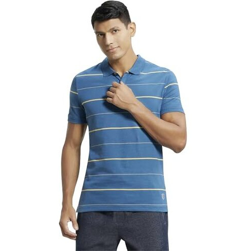 Jockey Um15 Men's Super Combed Cotton Rich Striped Half Sleeve Polo T-Shirt_Stellar/Corn Silk_Xl