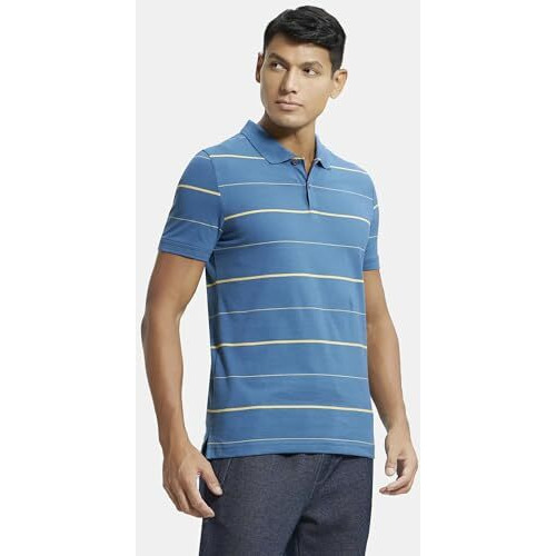 Jockey Um15 Men's Super Combed Cotton Rich Striped Half Sleeve Polo T-Shirt_Stellar/Corn Silk_Xl
