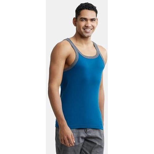 Jockey Us27 Men's Super Combed Cotton Rib Square Neckline Gym Vest (Colors & Shoulder Strap Color May Vary)_Poseidon With Assorted Bias_L