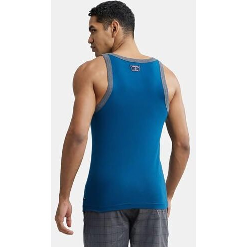 Jockey Us27 Men's Super Combed Cotton Rib Square Neckline Gym Vest (Colors & Shoulder Strap Color May Vary)_Poseidon With Assorted Bias_L