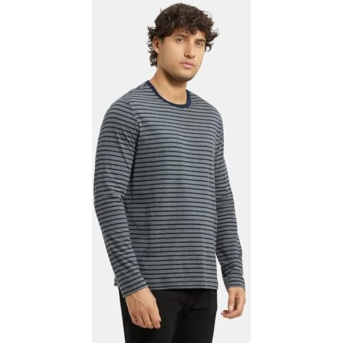 Jockey Men's Super Combed Cotton Rich Striped Round Neck Full Sleeve T-Shirt_Style_Am01_Charcoal & Navy_Xl