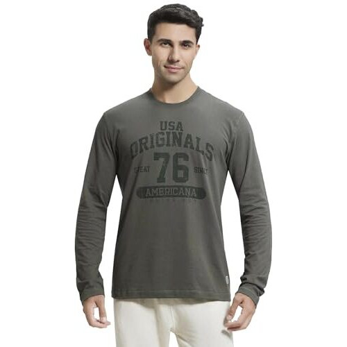 Jockey Men's Super Combed Cotton Rich Printed Round Neck Full Sleeve T-Shirt (Colors & Prints May Vary)_Style_Us82_Deep Olive_S