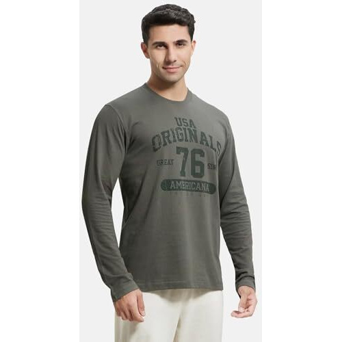 Jockey Men's Super Combed Cotton Rich Printed Round Neck Full Sleeve T-Shirt (Colors & Prints May Vary)_Style_Us82_Deep Olive_S