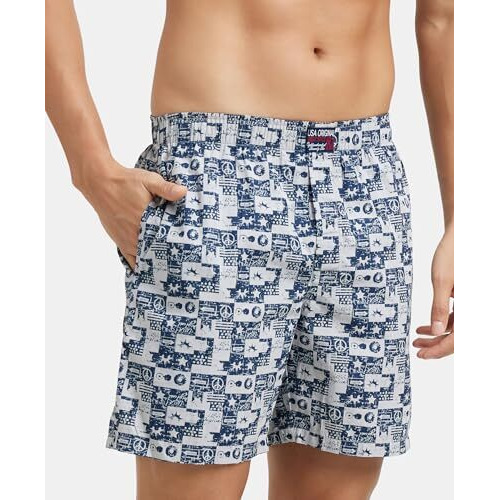 Jockey Us57 Men's Super Combed Mercerized Cotton Woven Printed Boxer Shorts With Side Pockets (Color & Prints May Vary)