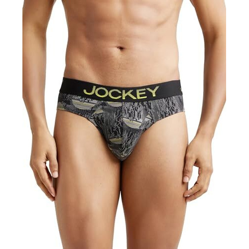 Jockey Fp22 Men's Super Combed Cotton Elastane Stretch Printed Brief With Ultrasoft Waistband_Black & Empire Yellow_M