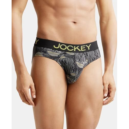 Jockey Fp22 Men's Super Combed Cotton Elastane Stretch Printed Brief With Ultrasoft Waistband_Black & Empire Yellow_M