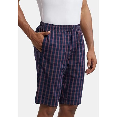Jockey 9005 Men's Super Combed Mercerized Cotton Woven Fabric Regular Fit Checkered Bermuda With Side Pockets_Navy_L